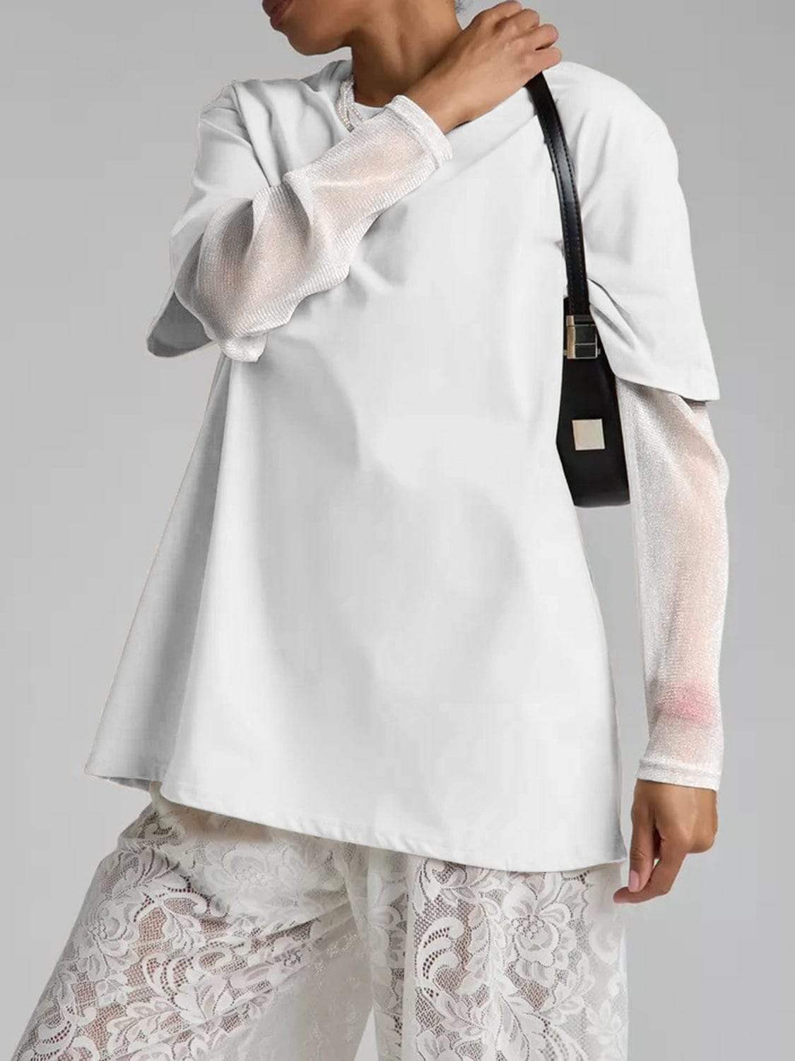 Faux Layered Round Neck Mesh Sleeve Top - Trendsi - Flyclothing LLC