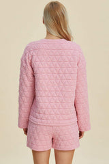 Double Take Full Size Texture Round Neck Long Sleeve Top and Shorts Set - Trendsi - Flyclothing LLC