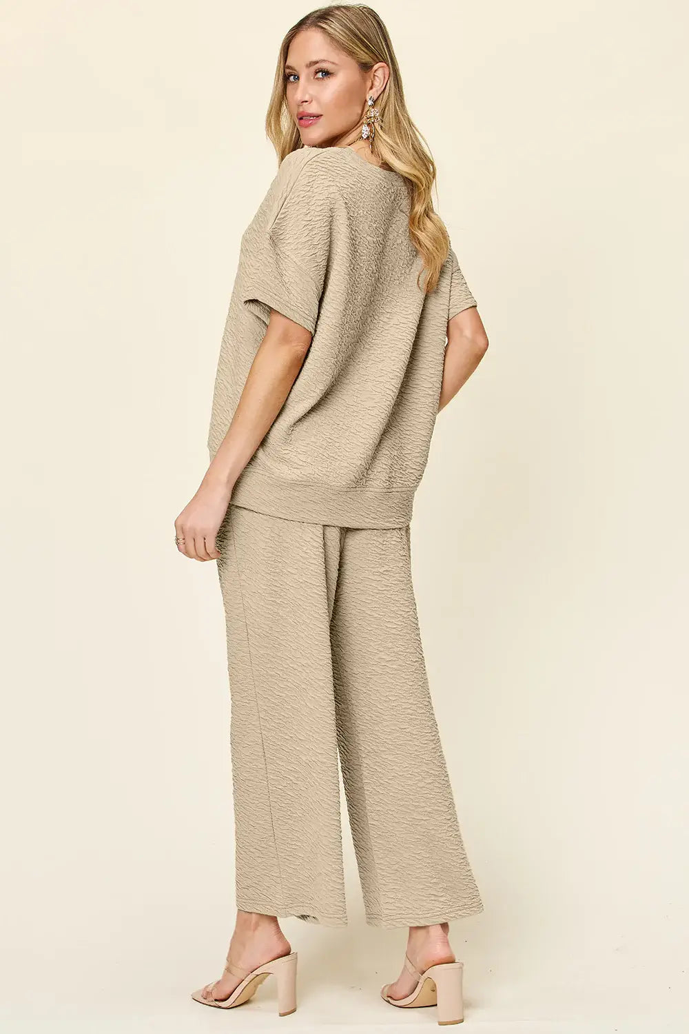 Double Take Full Size Texture Short Sleeve Top and Pants Set - Trendsi - Flyclothing LLC