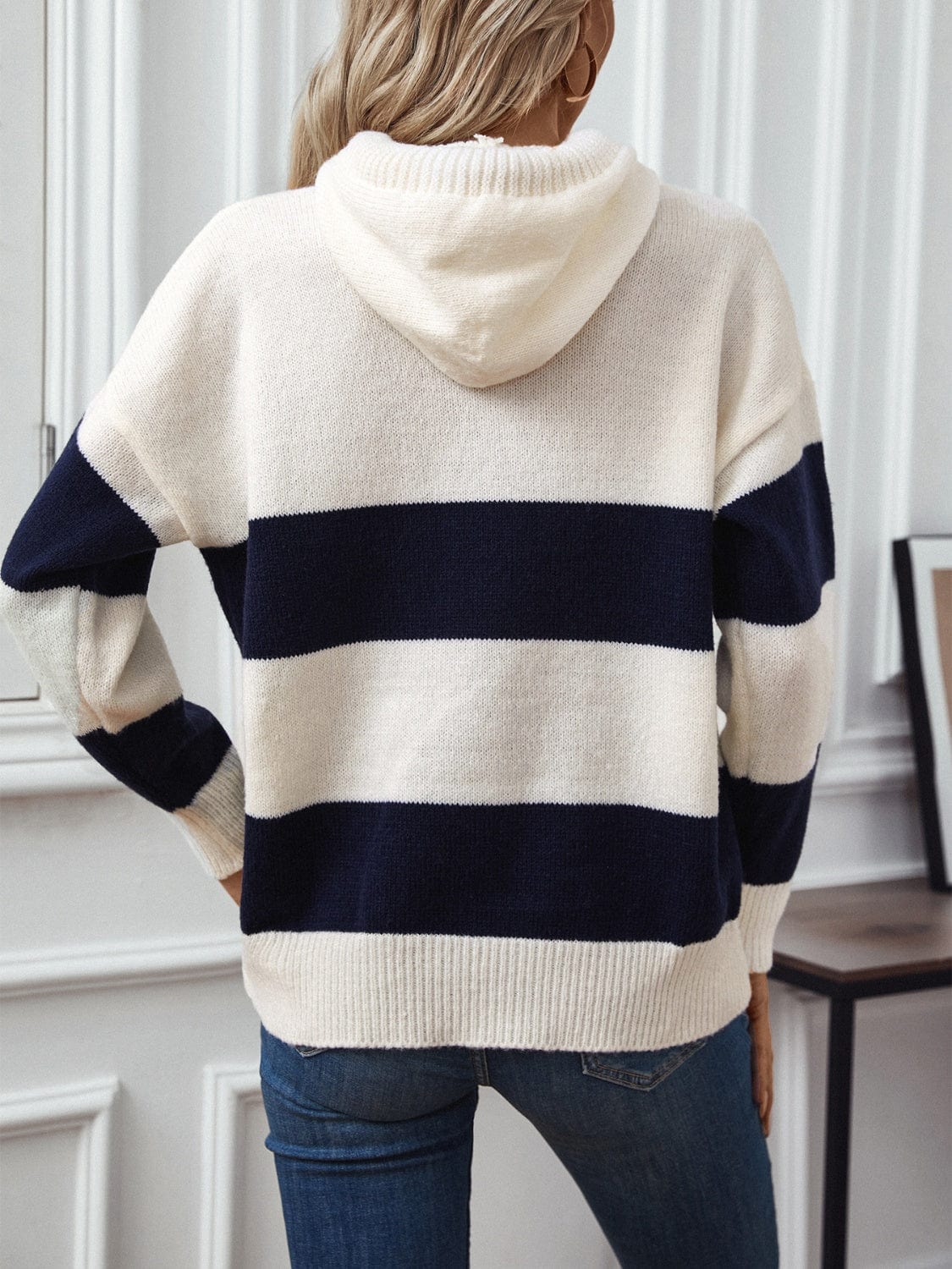 Drawstring Contrast Stripe Dropped Shoulder Hooded Sweater - Trendsi