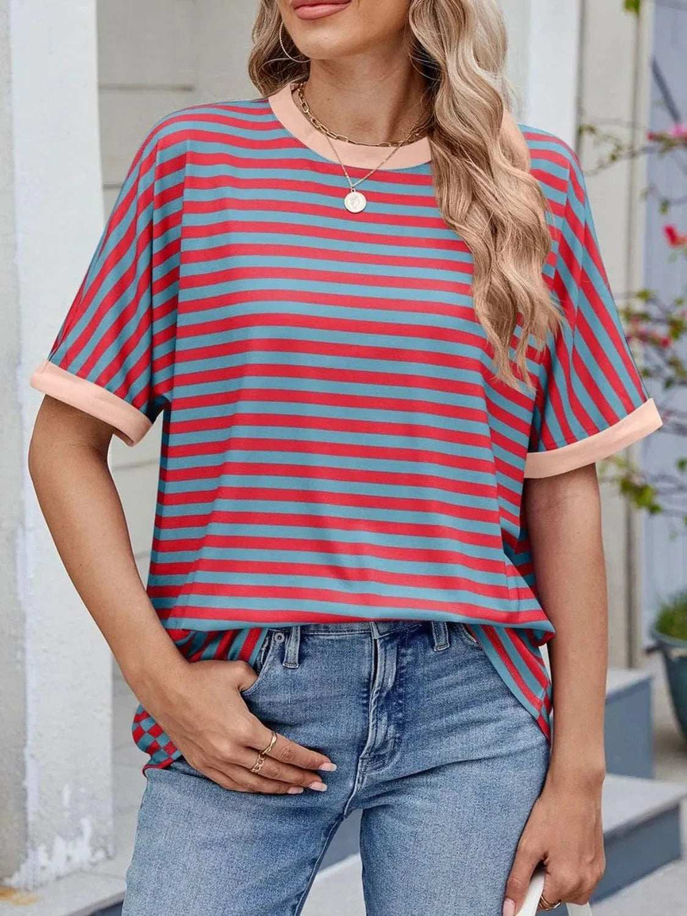 Striped Round Neck Half Sleeve T-Shirt - Trendsi - Flyclothing LLC