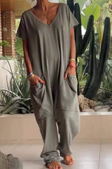 Full Size Casual V-Neck Short Sleeve Jumpsuit with Pockets Plus Size - Trendsi - Flyclothing LLC