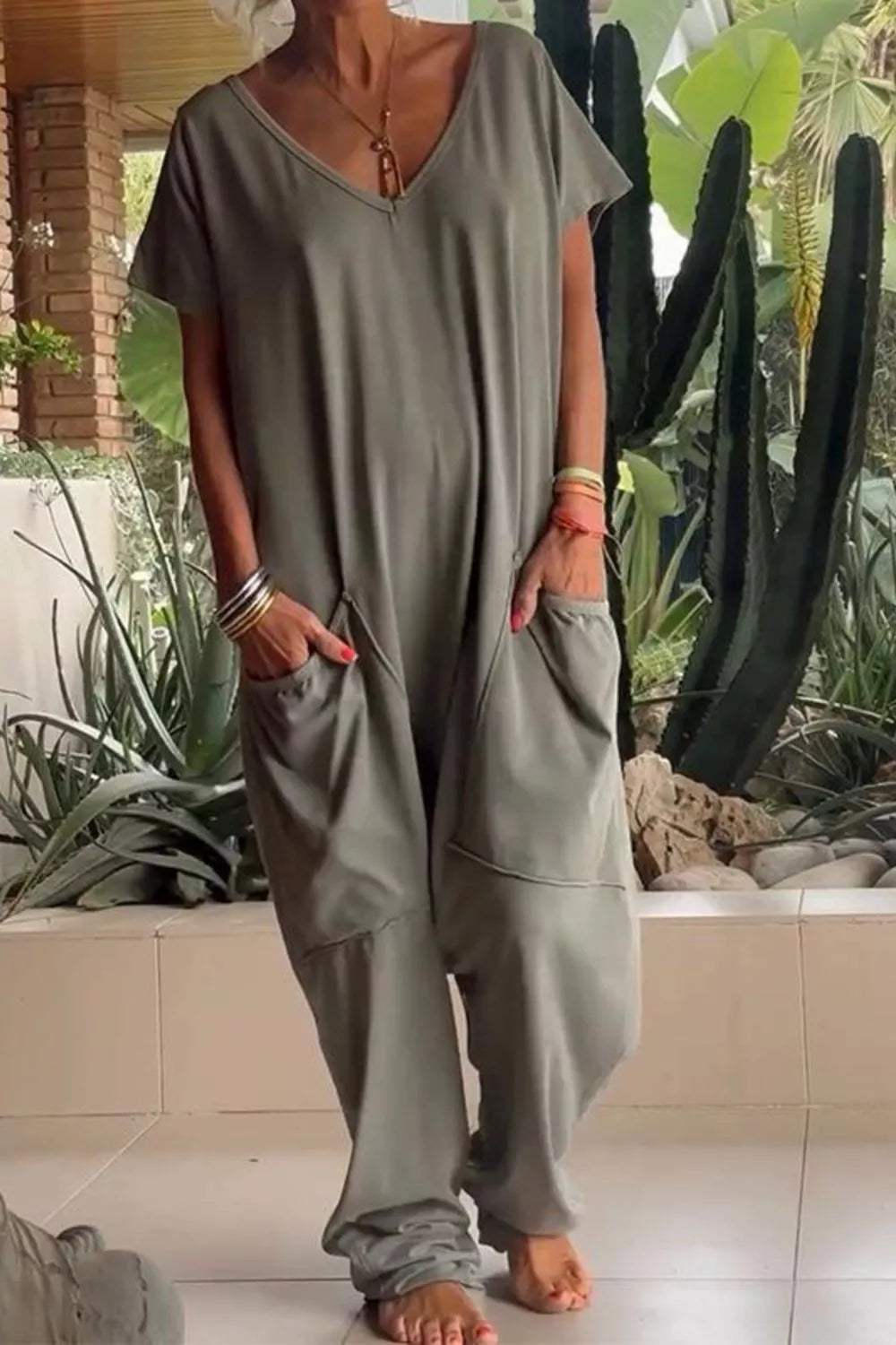 Full Size Casual V-Neck Short Sleeve Jumpsuit with Pockets Plus Size - Trendsi - Flyclothing LLC