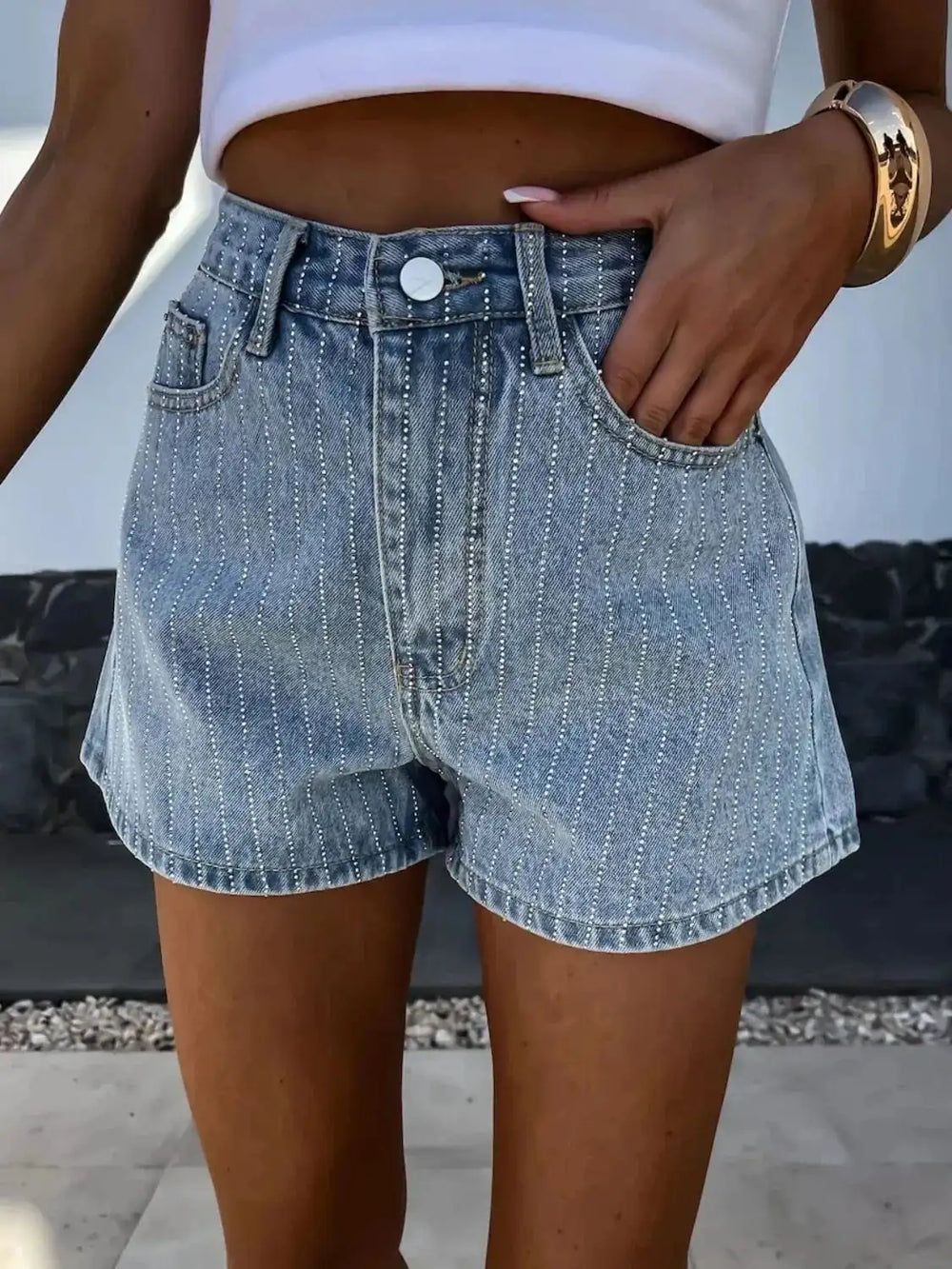 Rhinestone High Rise Denim Shorts - Trendsi
