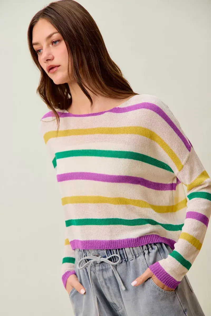 SO ME Mardi Gras Color Stripe Lightweight Sweater Top - Trendsi - Flyclothing LLC