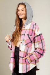 Drawstring Plaid Dropped Shoulder Hooded Shacket - Trendsi