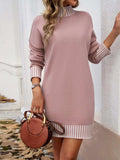Striped Mock Neck Long Sleeve Sweater Dress - Trendsi - Flyclothing LLC