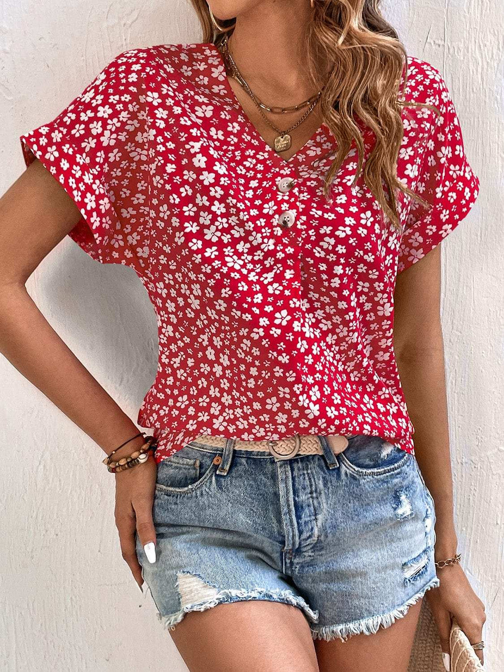 Printed V-Neck Short Sleeve Blouse - Trendsi - Flyclothing LLC
