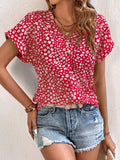 Printed V-Neck Short Sleeve Blouse - Trendsi - Flyclothing LLC