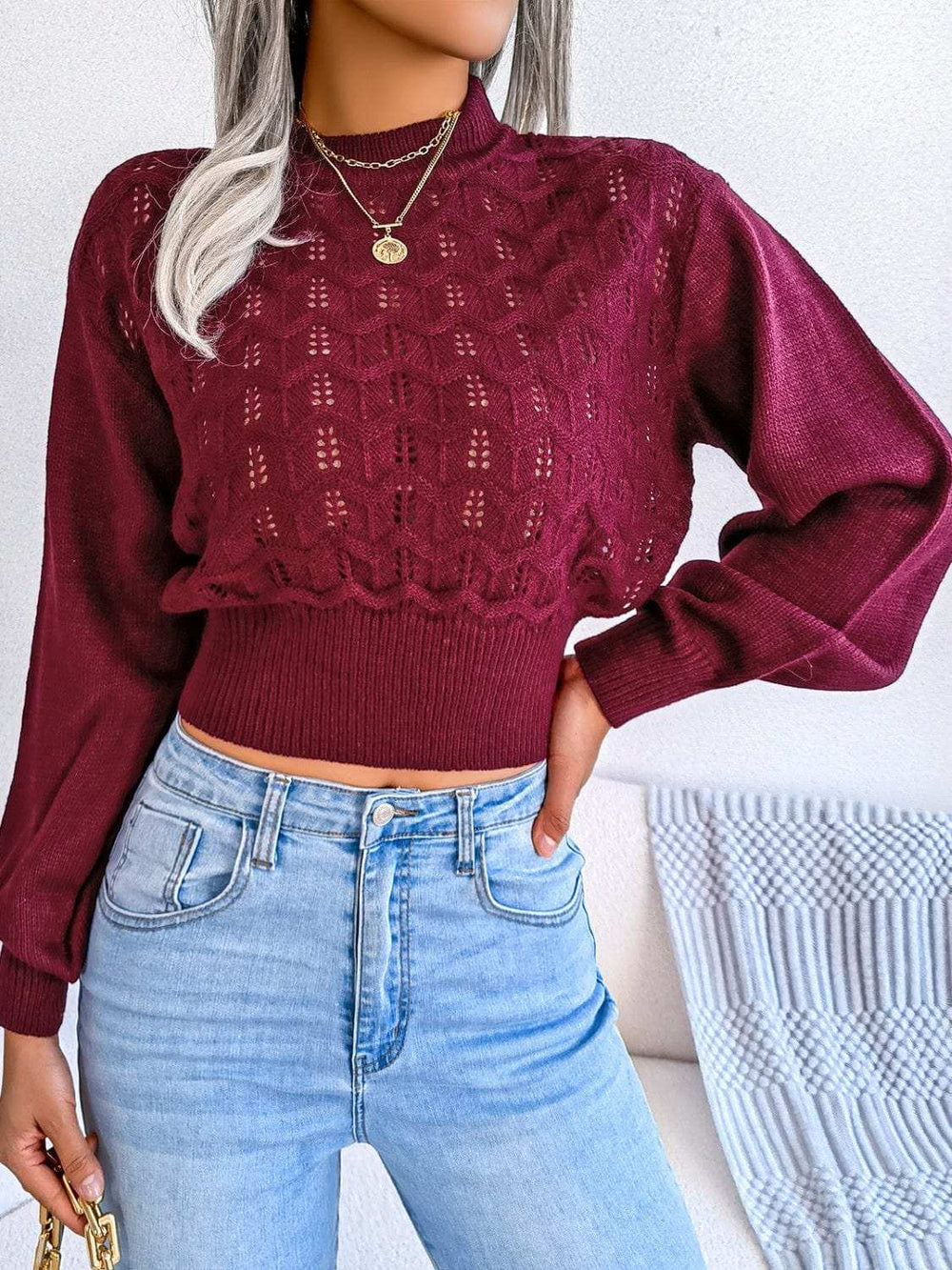 Openwork Mock Neck Long Sleeve Cropped Sweater - Trendsi - Flyclothing LLC