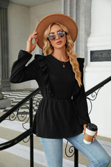 Round Neck Ruffled Peplum Blouse - Trendsi - Flyclothing LLC