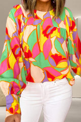 Contrast Print Round Neck Long Sleeve Blouse - Trendsi - Flyclothing LLC