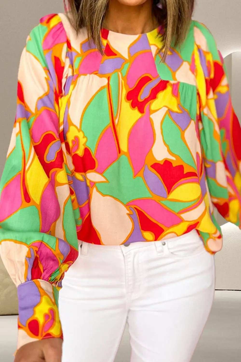 Contrast Print Round Neck Long Sleeve Blouse - Trendsi - Flyclothing LLC