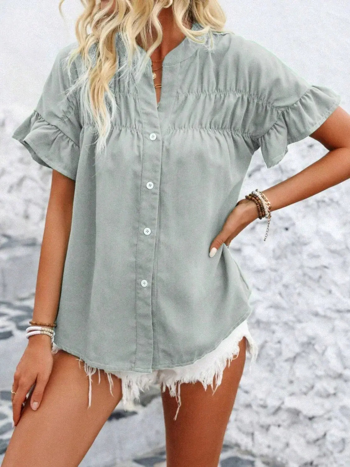 Button Down Ruffled Short Sleeve Shirt - Trendsi - Flyclothing LLC