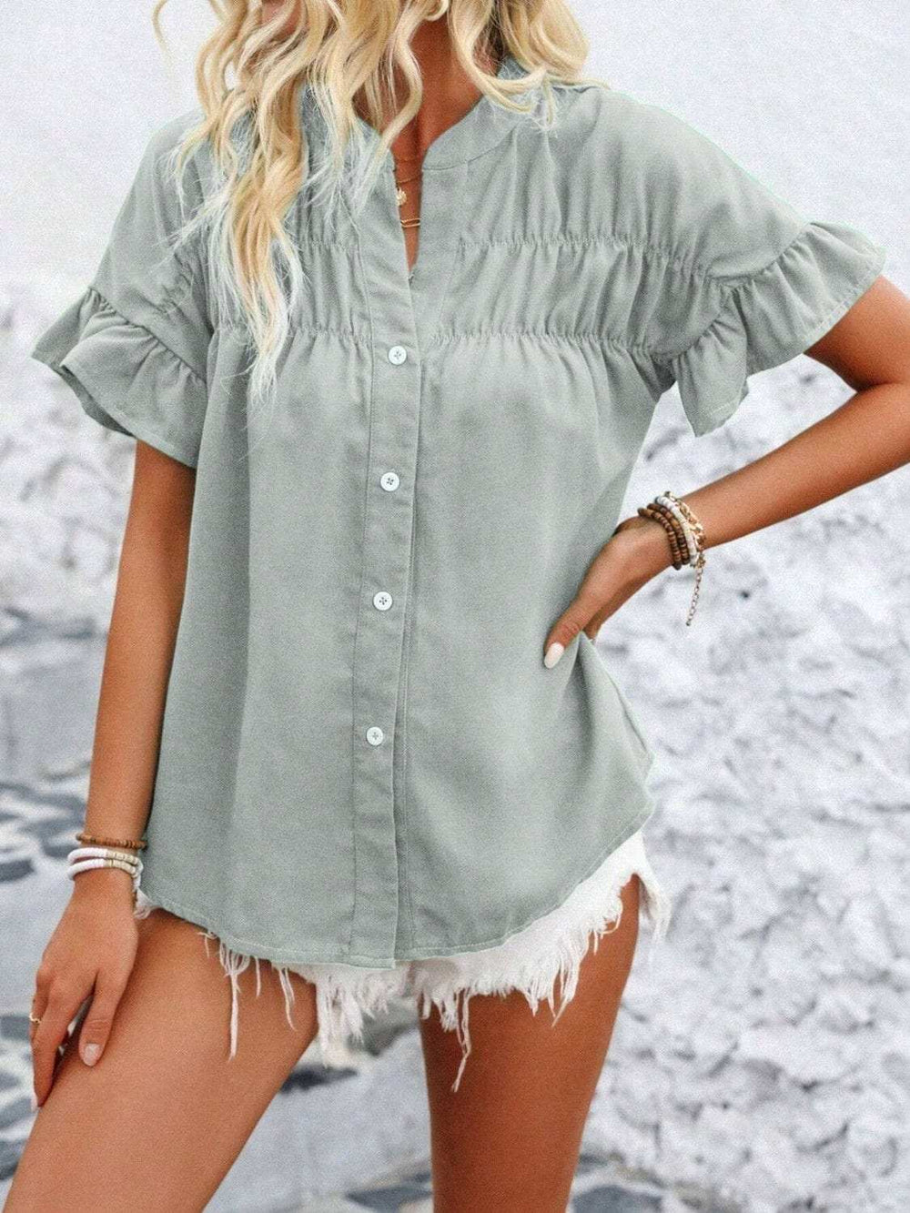 Button Down Ruffled Short Sleeve Shirt - Trendsi - Flyclothing LLC