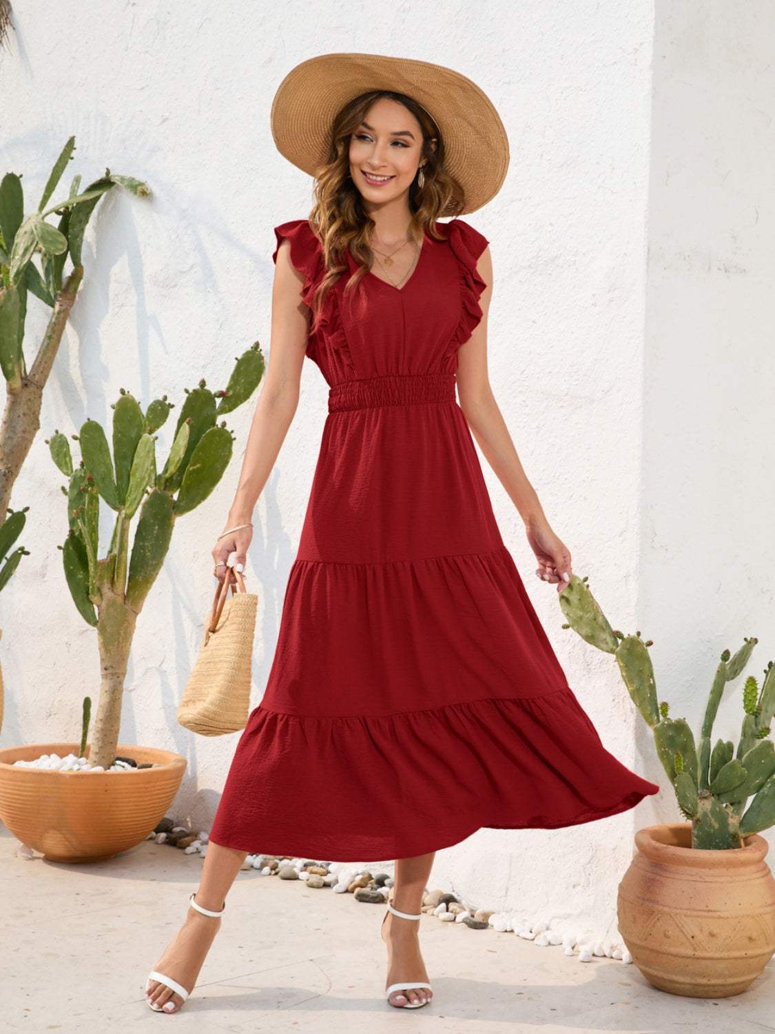 Tiered Ruffled V-Neck Cap Sleeve Dress - Trendsi - Flyclothing LLC