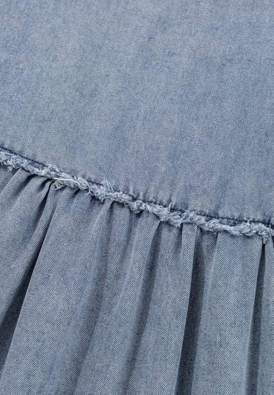 Cutout Round Neck Balloon Sleeve Denim Dress - Trendsi - Flyclothing LLC