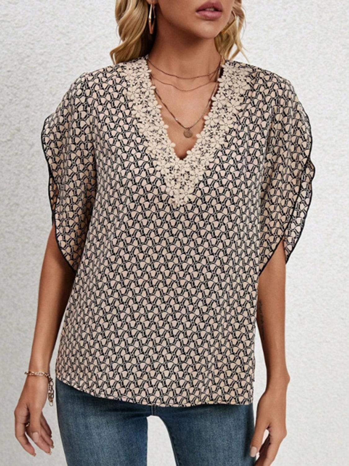 Lace Detail Printed V-Neck Half Sleeve Blouse - Trendsi - Flyclothing LLC