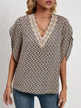 Lace Detail Printed V-Neck Half Sleeve Blouse - Trendsi - Flyclothing LLC