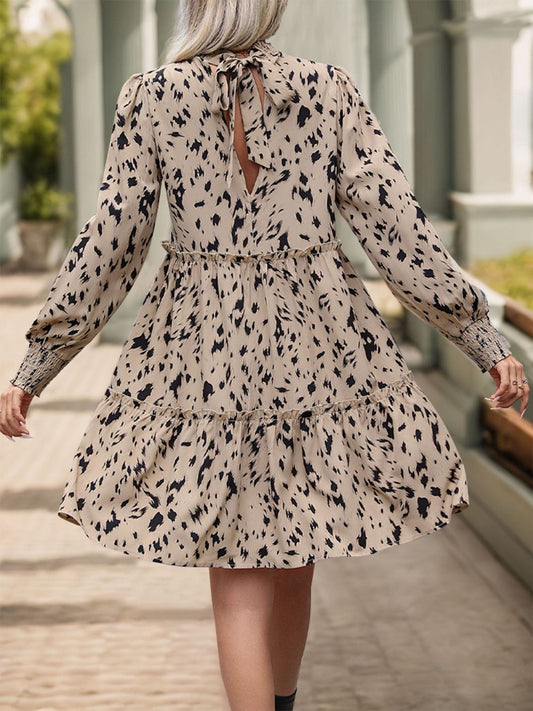 Frill Printed Mock Neck Long Sleeve Mini Dress - Trendsi