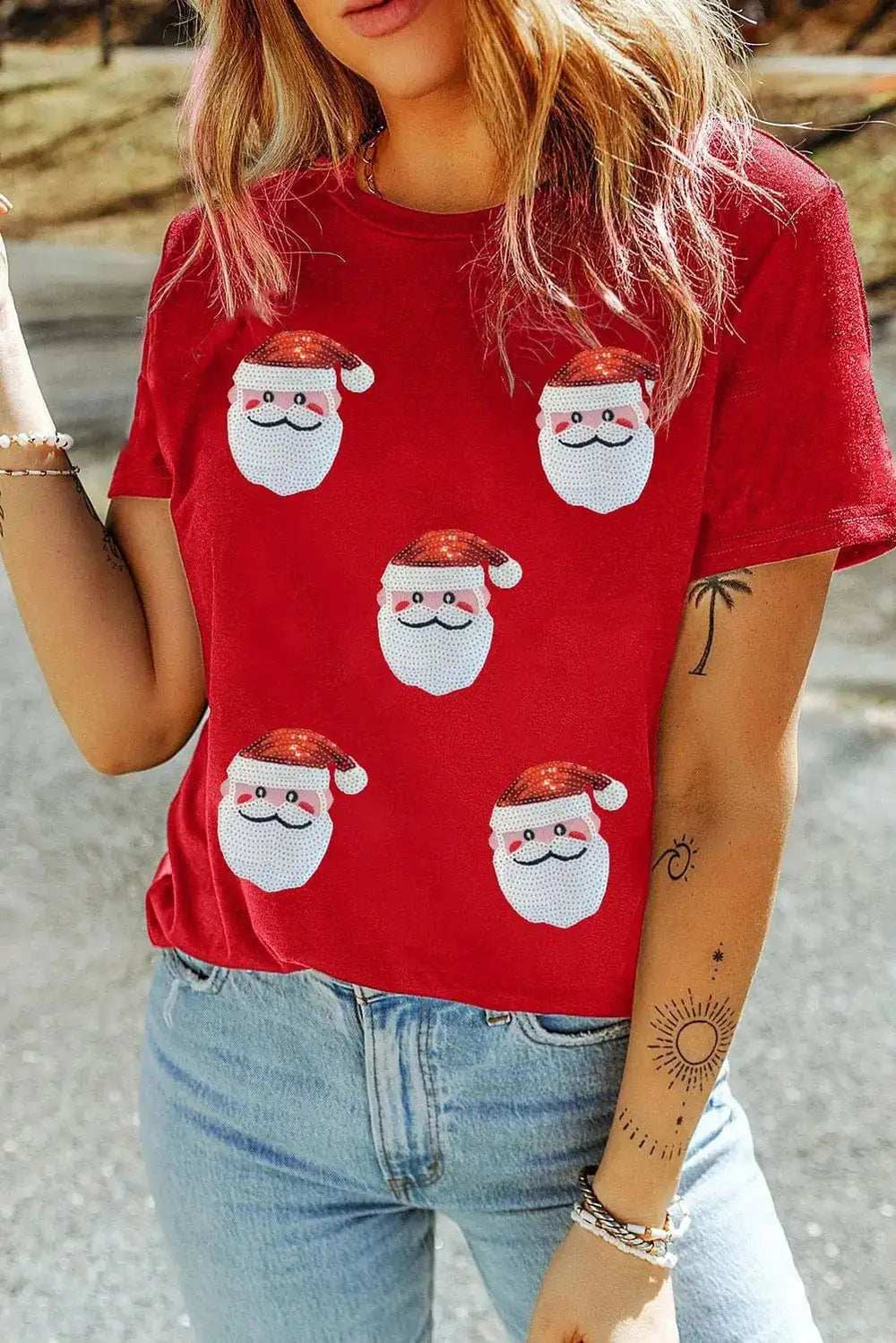 Sequin Santa Round Neck Short Sleeve T-Shirt - Trendsi - Flyclothing LLC