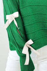 Bow Cutout Round Neck Long Sleeve Knit Top - Trendsi - Flyclothing LLC