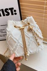 Chain Drawstring Raw Edge Denim Bucket Bag - Trendsi