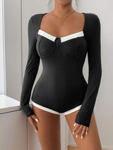 Perfee Ribbed Contrast Long Sleeve Bodysuit - Trendsi - Flyclothing LLC