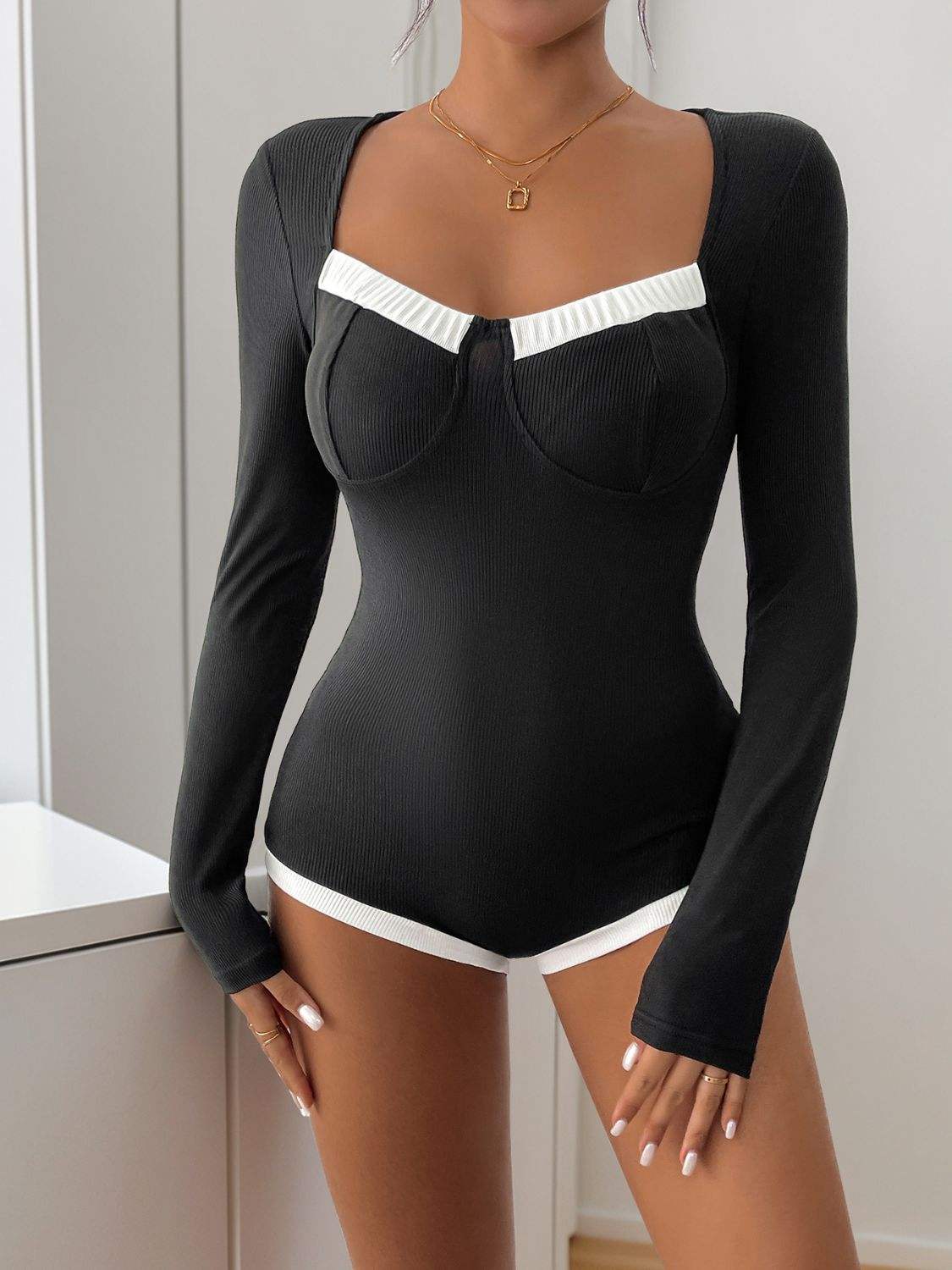 Perfee Ribbed Contrast Long Sleeve Bodysuit - Trendsi - Flyclothing LLC