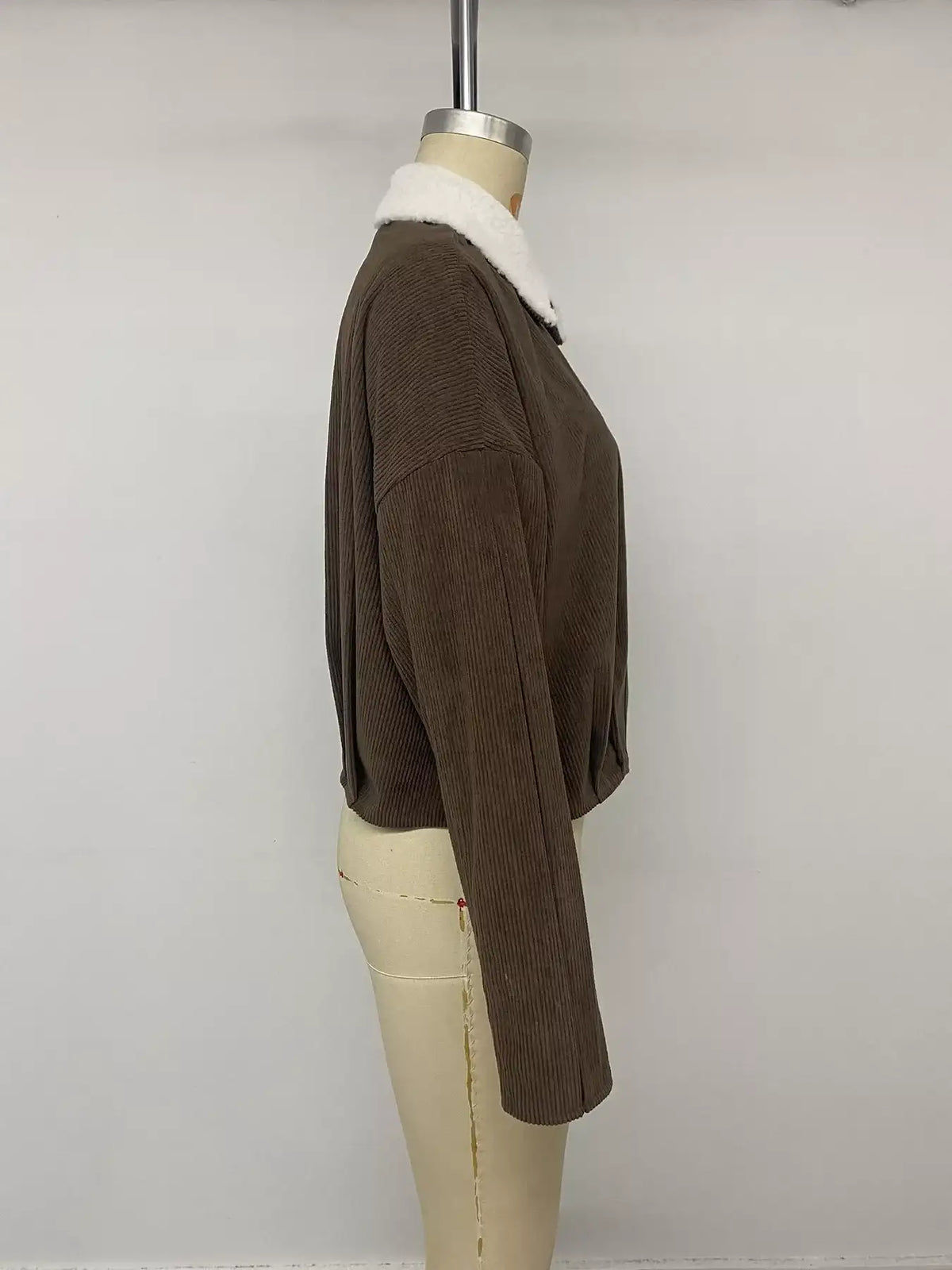 Contrast Sherpa Collar Corduroy Zip Up Jacket - Trendsi - Flyclothing LLC