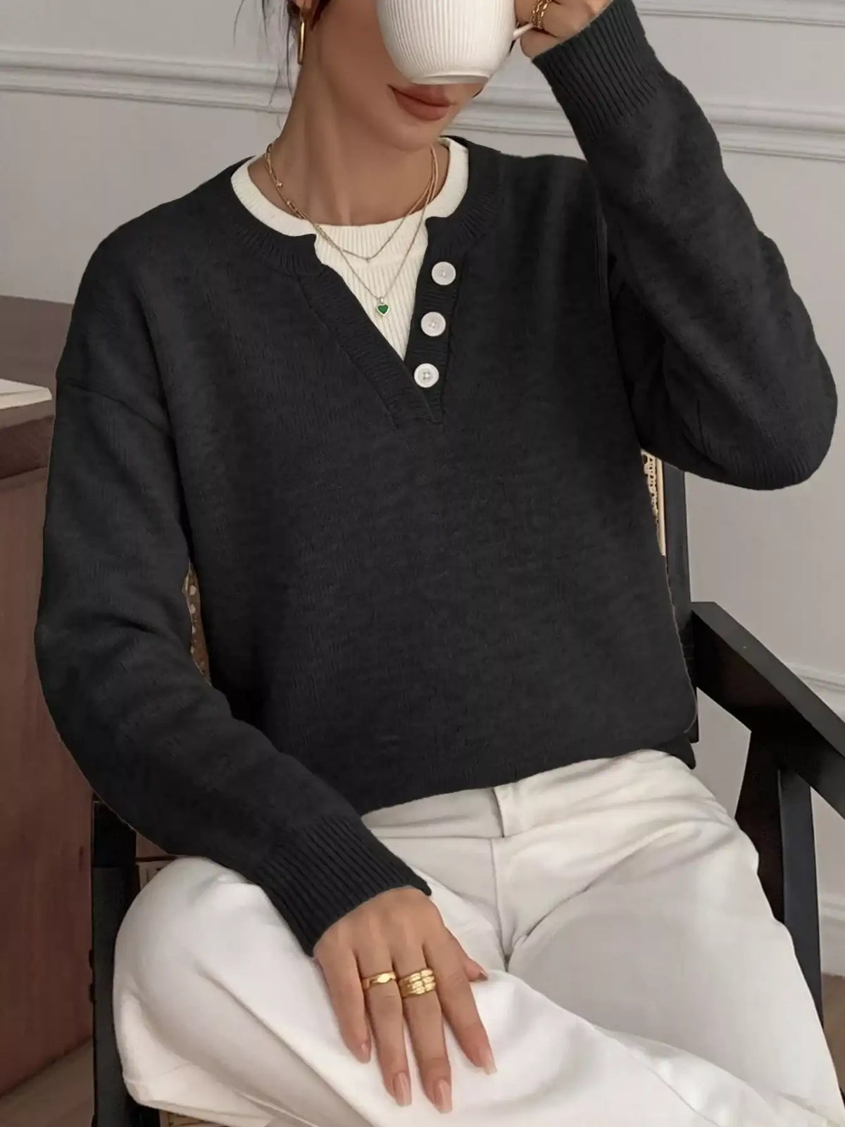 Decor Button-Placket Ribbed Knit Sweater - Trendsi - Flyclothing LLC