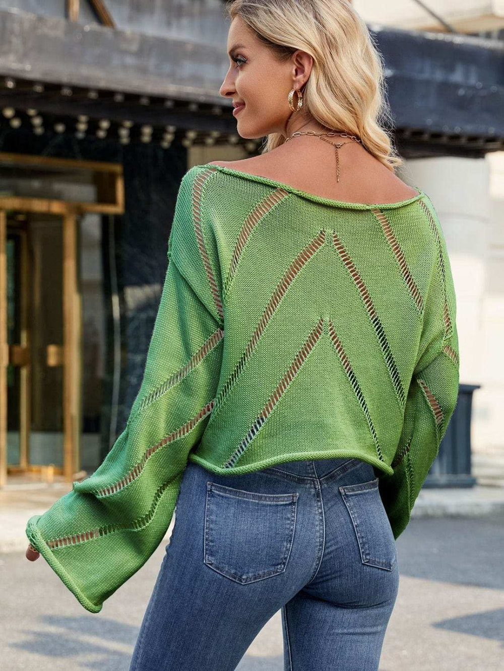 Openwork Boat Neck Long Sleeve Sweater - Trendsi - Flyclothing LLC