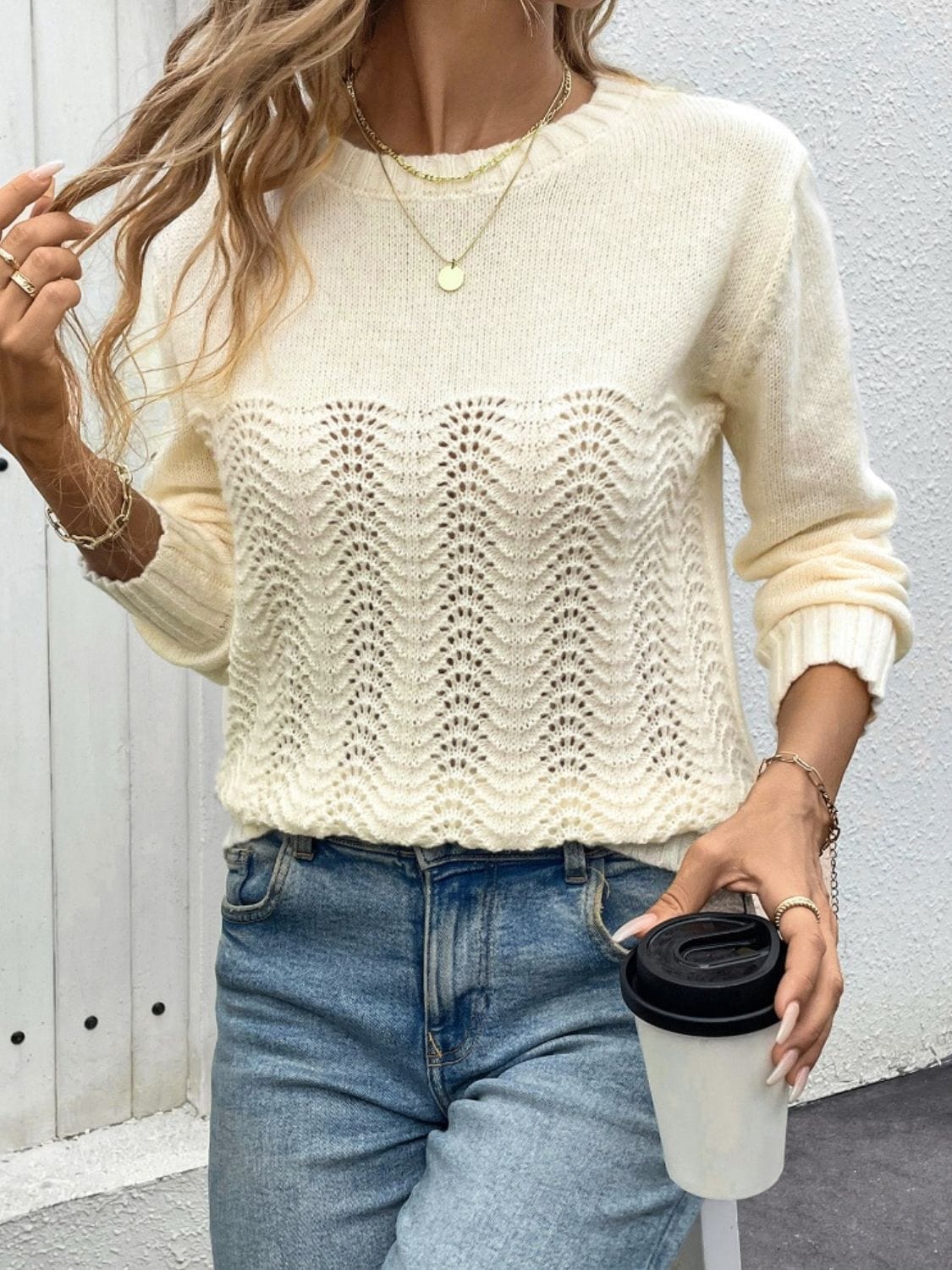Openwork Round Neck Long Sleeve Sweater - Trendsi