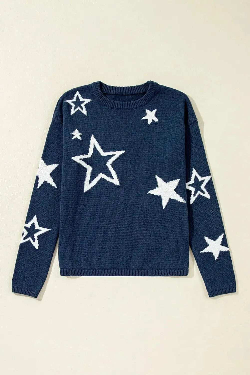 Star Round Neck Long Sleeve Sweater - Trendsi - Flyclothing LLC