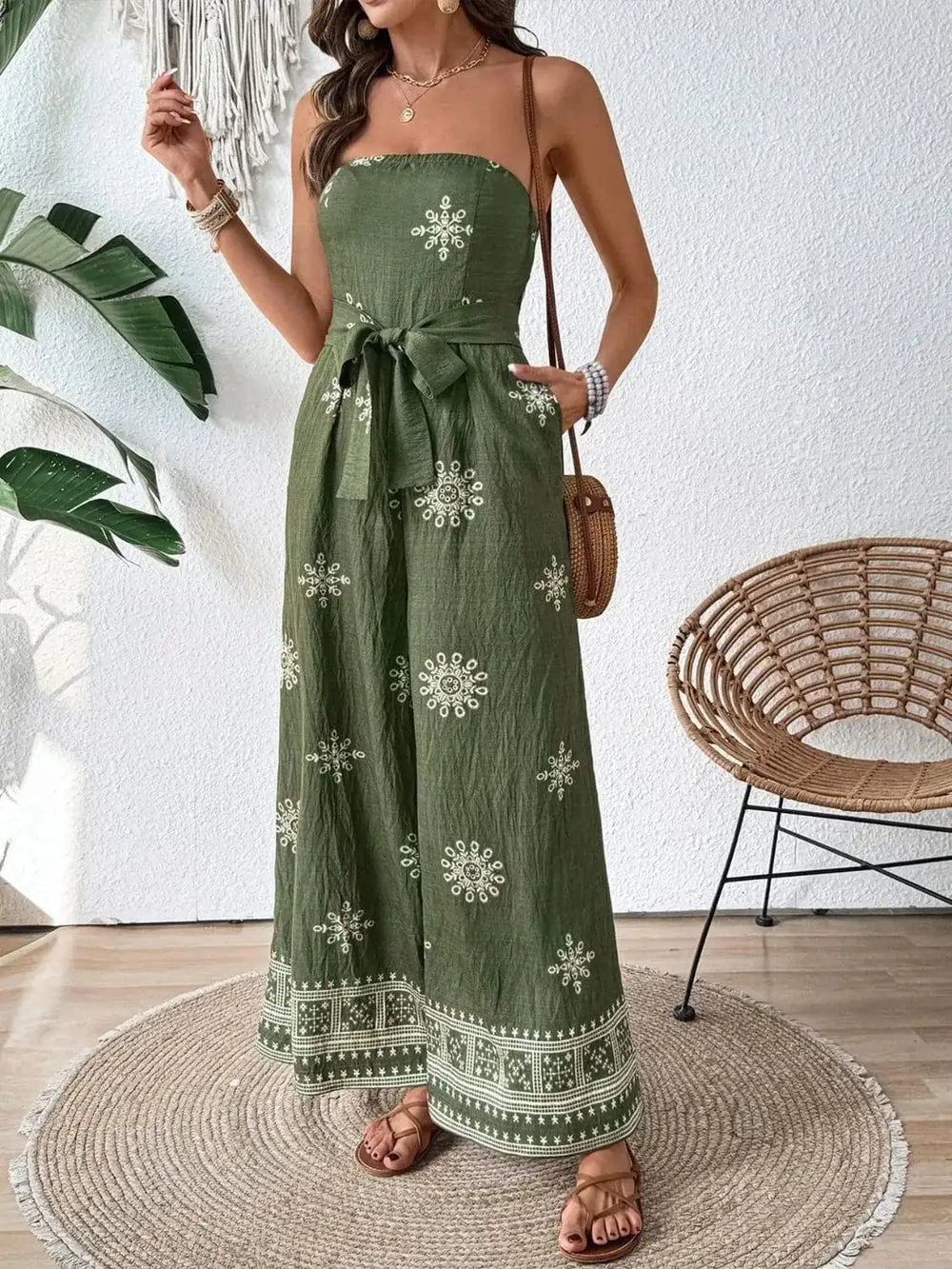Printed Wide Leg Tube Jumpsuit - Trendsi