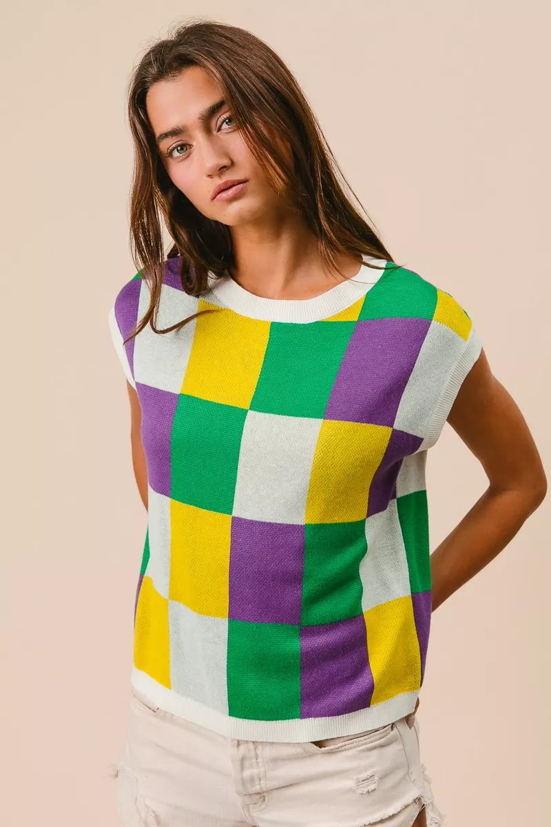 BiBi Mardi Gras Checker Pattern Sleeveless Sweater Top - Trendsi - Flyclothing LLC