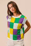 BiBi Mardi Gras Checker Pattern Sleeveless Sweater Top - Trendsi - Flyclothing LLC