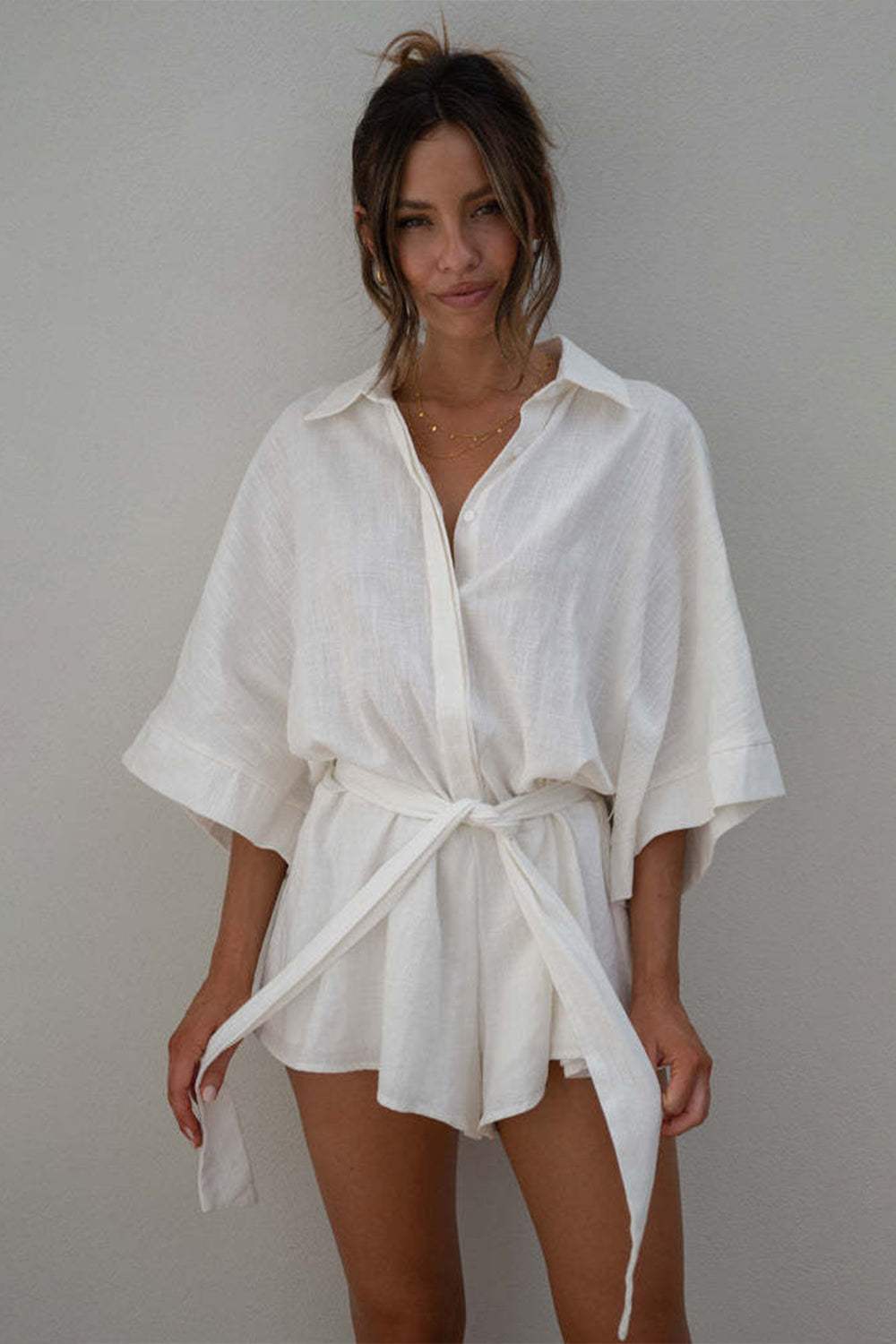 Tied Button Up Collared Neck Romper - Trendsi - Flyclothing LLC