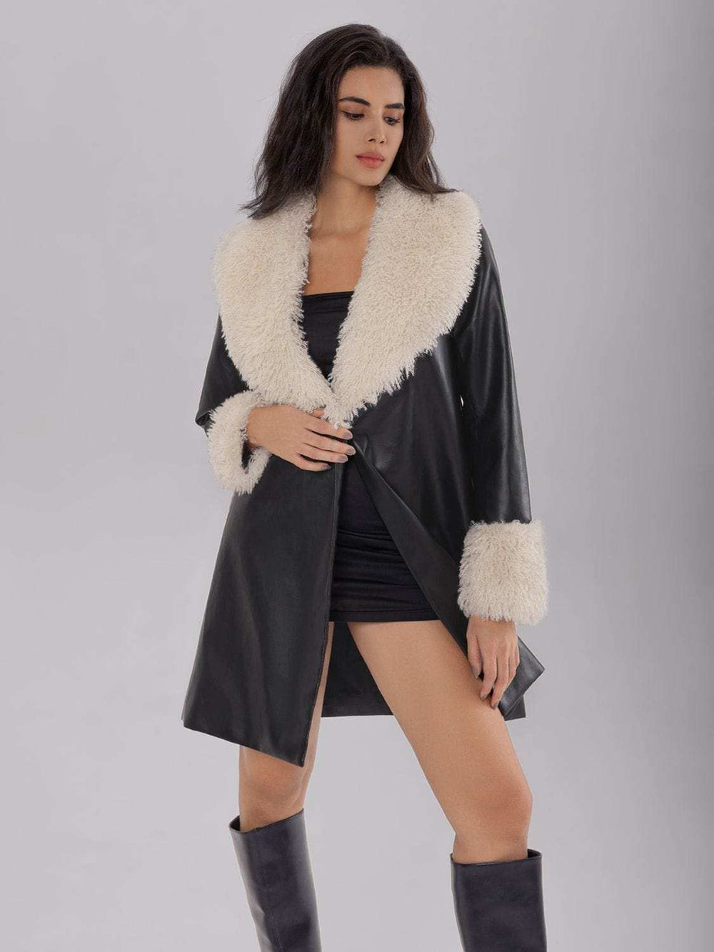 Fuzzy Long Sleeve Longline Coat - Trendsi - Flyclothing LLC