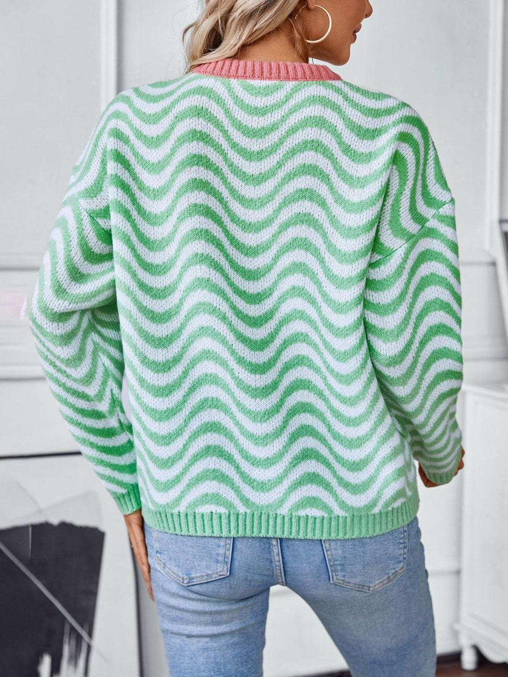 Wavy Stripes Round Neck Long Sleeve Sweater - Trendsi - Flyclothing LLC
