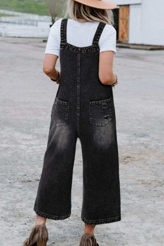 Distressed Wide Strap Denim Overalls - Trendsi - Flyclothing LLC