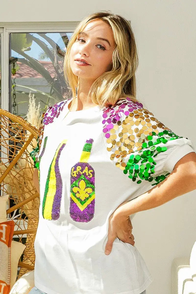 BiBi Sequin Mardi Gras Bottles Spangled Sleeve Top - Trendsi - Flyclothing LLC