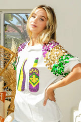 BiBi Sequin Mardi Gras Bottles Spangled Sleeve Top - Trendsi - Flyclothing LLC