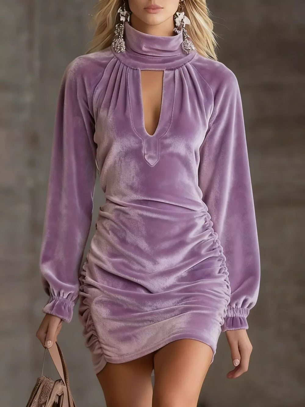 Full Size Velvet Ruched Flounce Sleeve Mini Dress Plus Size - Trendsi - Flyclothing LLC