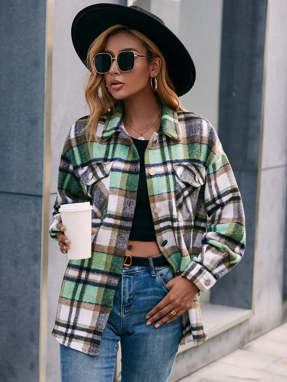 Meet You Outside Plaid Button Down Curved Hem Shacket - Trendsi - Flyclothing LLC