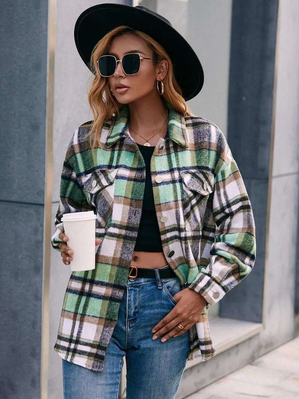 Meet You Outside Plaid Button Down Curved Hem Shacket - Trendsi - Flyclothing LLC