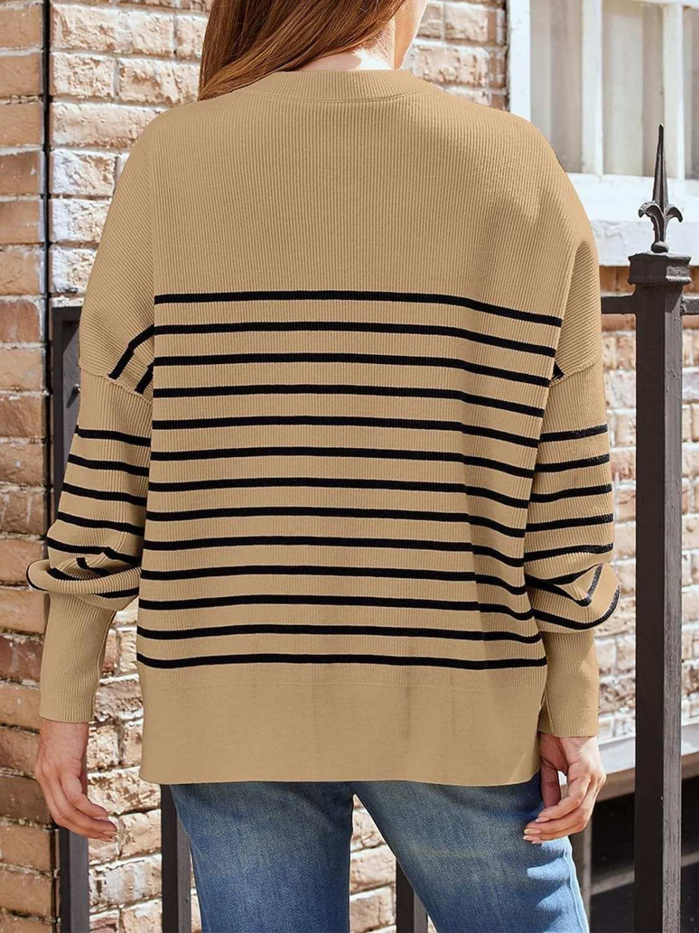 Striped Round Neck Long Sleeve Sweatshirt - Trendsi - Flyclothing LLC
