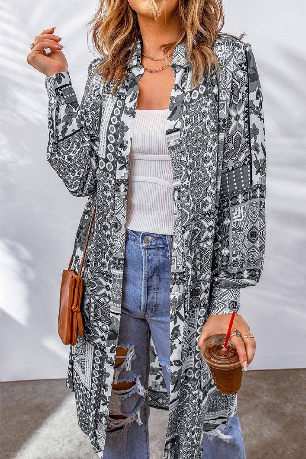 Printed Button Up Long Sleeve Cardigan - Trendsi - Flyclothing LLC
