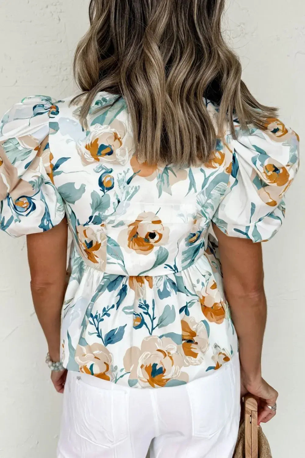 Floral Print Puff Sleeve V Neck Babydoll Blouse - Trendsi - Flyclothing LLC