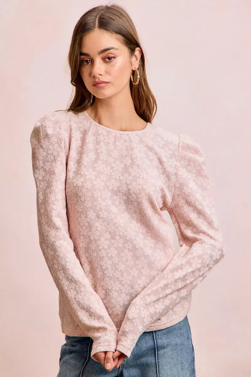 BiBi Textured Flower Knit Puff Shoulder Top - Trendsi - Flyclothing LLC